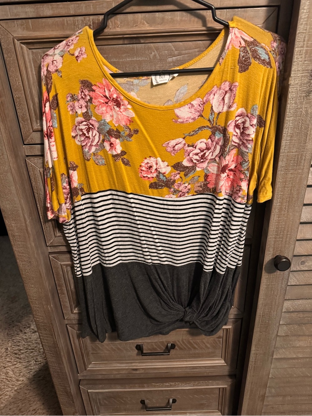 Maurices Mustard Floral, Black & White Striped Knot Front Tee